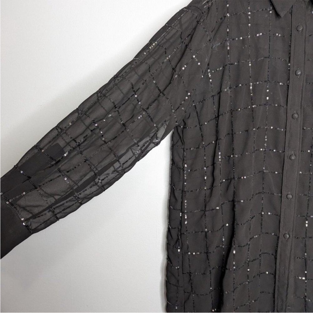 Anthropologie Rinku Dalamal Black Sequin Shirt Dress Long Sleeve Sheer Button Up - Picture 11 of 11